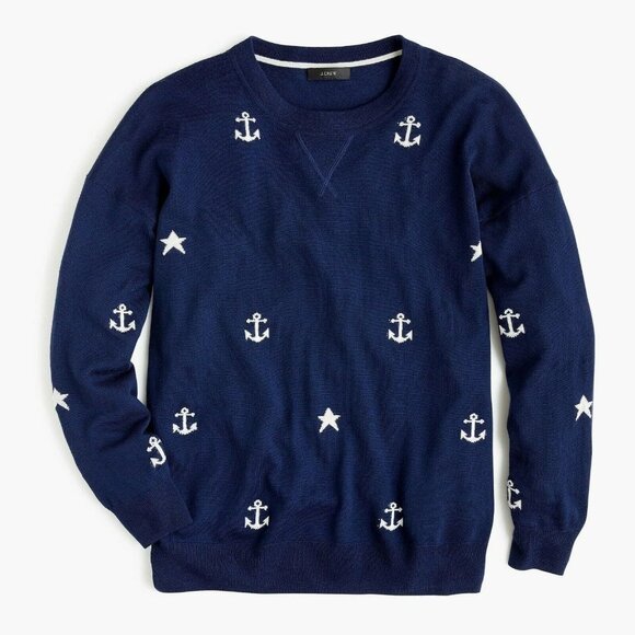 NWT J.Crew Merino Wool Sweater in Navy Ivory Anchors and Stars Knit Pullover L - Picture 1 of 8